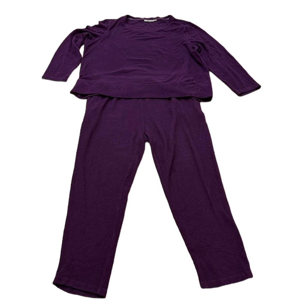 La Cera Comfort Collection Straight Pants and Crop Top in Purple. L. Worn.